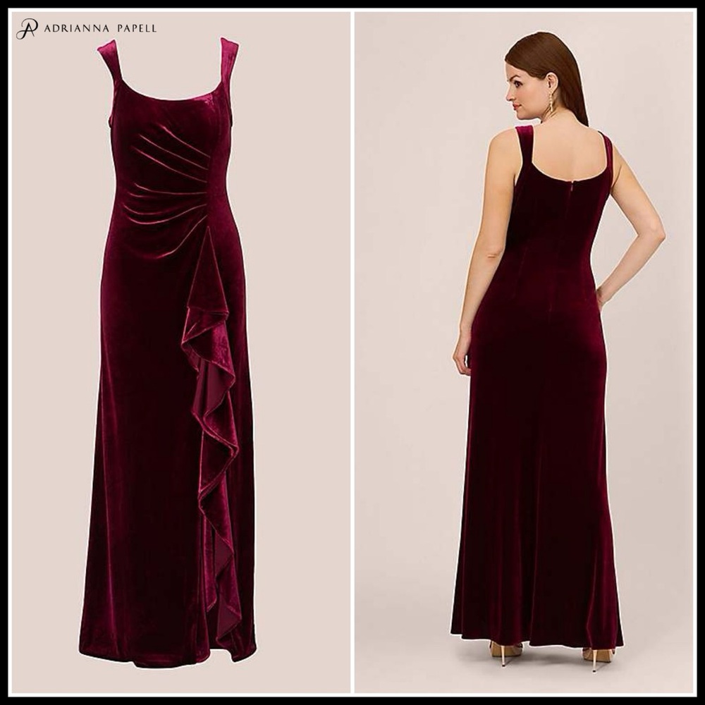 Adrianna Papell burgundy velvet ruffle front gown dress